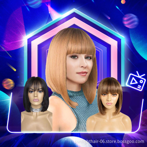 Pixie Cut Straight Short Bob Wigs Sunlight hair Full Machine Wigs with bangs 100 % human hair wigs for black women